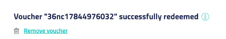 The netcup cart after redeeming: “Voucher &ldquo;36nc17844976032&rdquo; successfully redeemed” with the link “Remove voucher”.