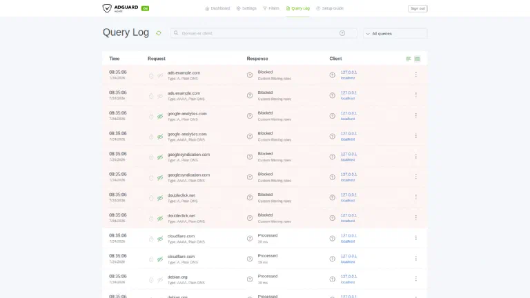 The query log: blocked domains (red) with the list that blocked them. The query log of AdGuard Home with allowed and blocked requests.