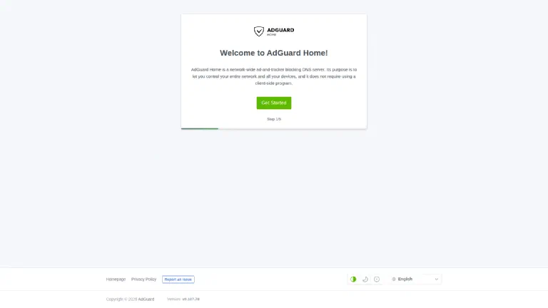 The setup wizard greets you – set the language at the bottom right. The welcome screen of the AdGuard Home setup wizard.