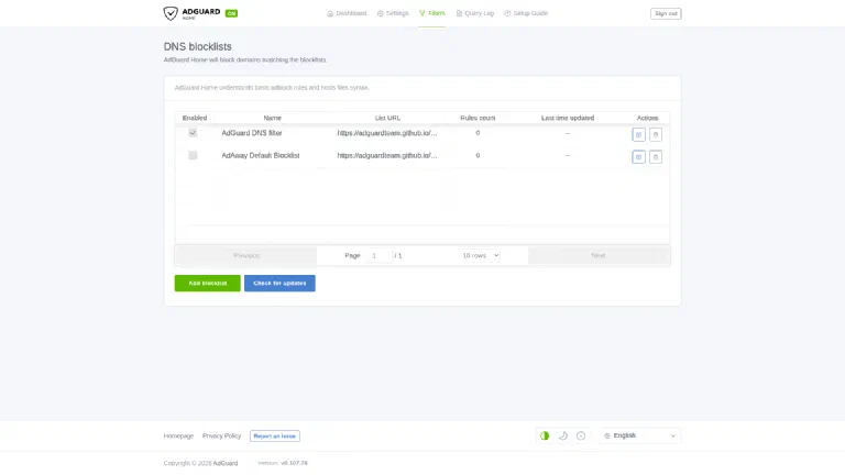 The default block list is active; you enable or add more lists here. The management of DNS block lists in AdGuard Home.
