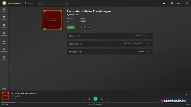 Detail page with chapters and the running player The audiobook detail page with playback running, chapter and file list, and the player at the bottom