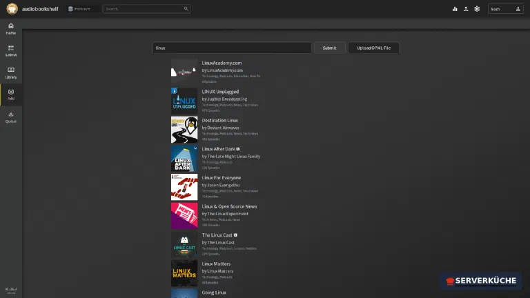 Podcast search: results from the iTunes catalogue with episode counts The podcast search in Audiobookshelf with two results for a search term, including the episode count