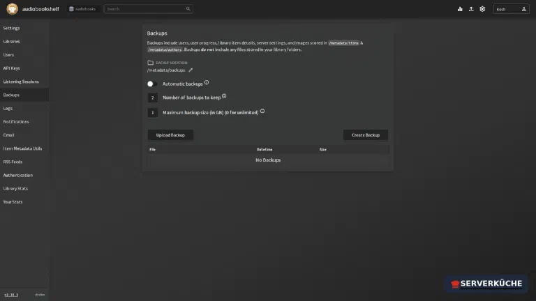 Backups: the automatic backup is off by default The Backups settings page in Audiobookshelf with automatic backup disabled, the backup path /metadata/backups, retention 2 and a maximum size of 1 GB