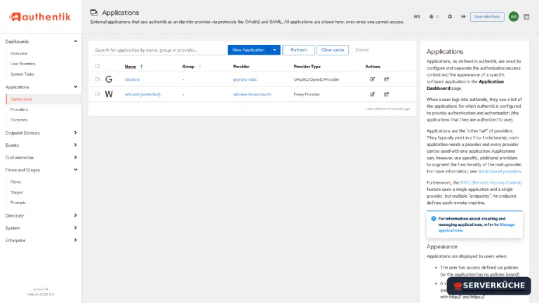 Two applications, two routes: OIDC provider and proxy provider The application list in Authentik with two entries: Grafana through an OAuth2/OpenID provider and whoami through a proxy provider