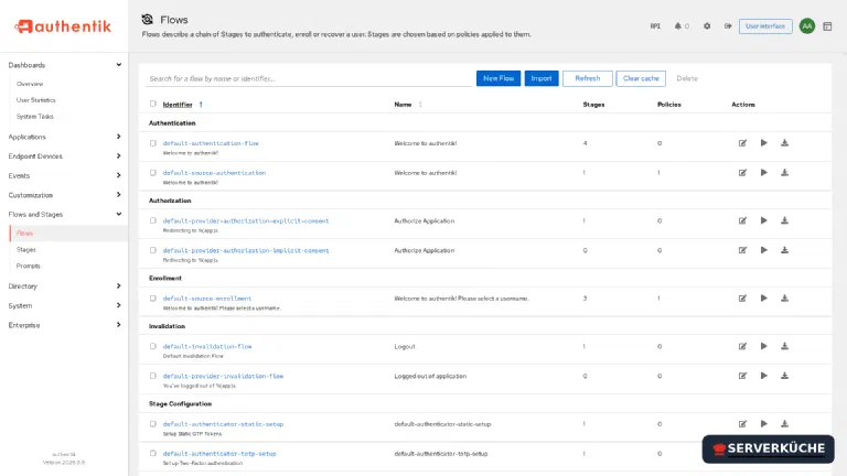 The flow overview in Authentik with the default flows for authentication, authorization, invalidation, enrollment and stage configuration