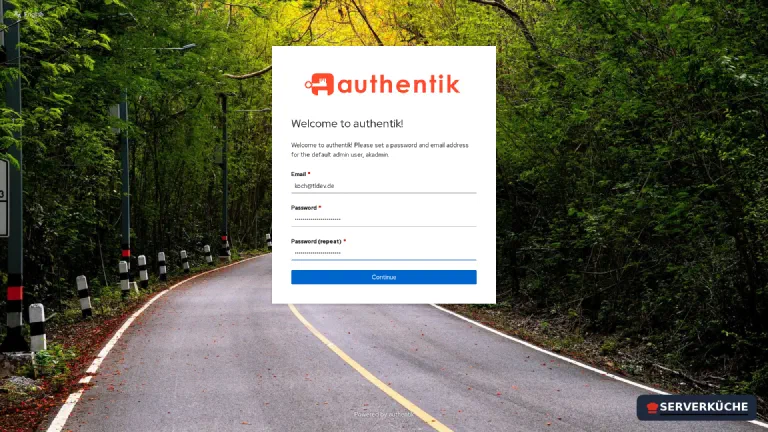 The Authentik setup dialog with fields for the email address and password of the first administrator account