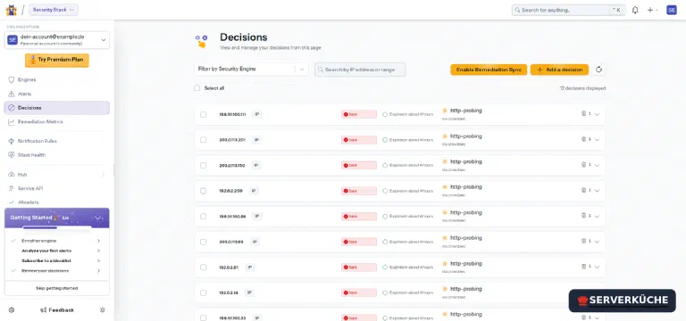 The CrowdSec console (optional, free): the same decisions as in cscli, just graphical The CrowdSec console lists the active bans as a table: several IP addresses with the action “ban”, an expiry time and the triggering scenario http-probing, each “via crowdsec”