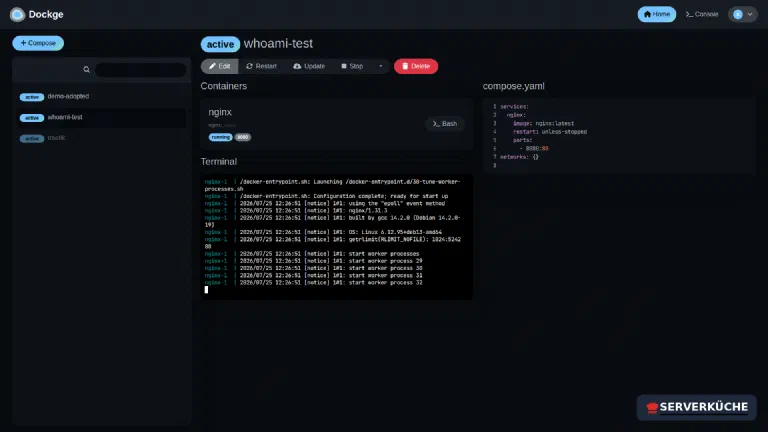 After deploying: live logs straight in the browser A freshly deployed stack in Dockge with a running container, live logs of the nginx container and the compose.yaml below