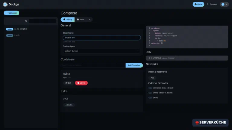 The editor: form and YAML keep each other up to date The Dockge compose editor with a field for the stack name, the container form and the YAML editor beside it