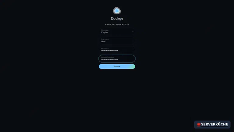 First visit: create the admin account The Dockge setup page for creating the admin account, with a language selector and fields for username and password