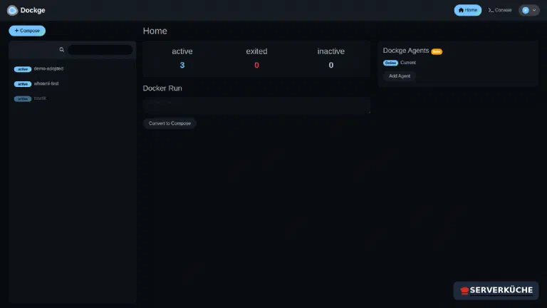 Home screen: all stacks with their status at a glance The Dockge home screen with the list of active stacks, counters for active, exited and inactive, and the Dockge agents section
