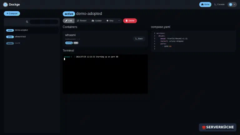 After moving it: edit, restart, update, stop, delete An adopted stack in Dockge with the edit, restart, update, stop and delete buttons plus the container’s live logs