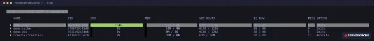 ctop: each container one row – here \"demo-busy\" draws 104% CPU The ctop overview with one row per container and columns for CPU, memory, network and I/O