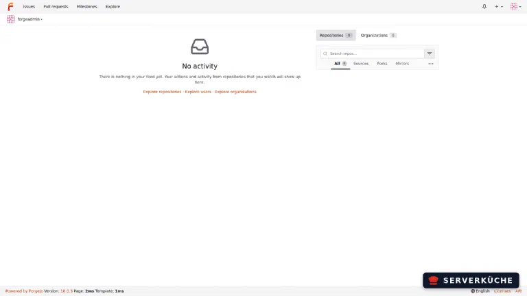 The dashboard after the first login. Forgejo dashboard right after the initial setup – still without repositories.