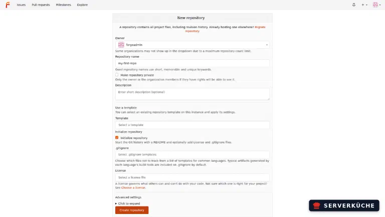 Create a new repository. The “New Repository” form in Forgejo with a name field and initialization option.