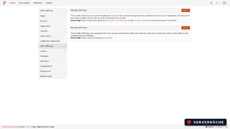 Store the public SSH key in your account. Forgejo settings page “Manage SSH keys” with the “Add key” button.