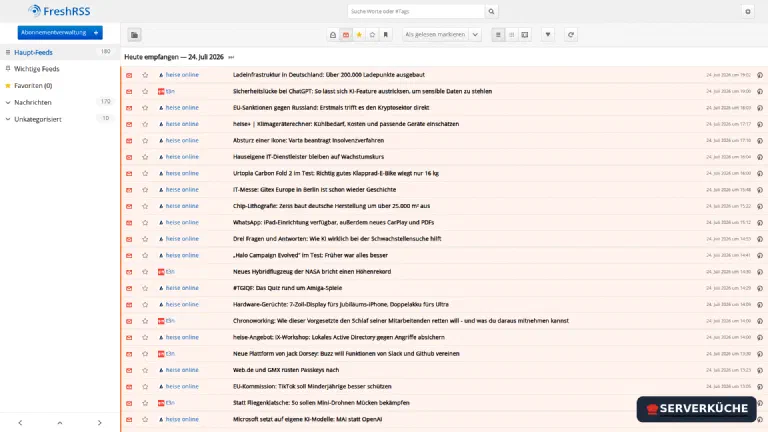 The reading view: all sources in one place, with unread counters and search The FreshRSS reading view with recent articles from heise online and t3n, grouped in categories