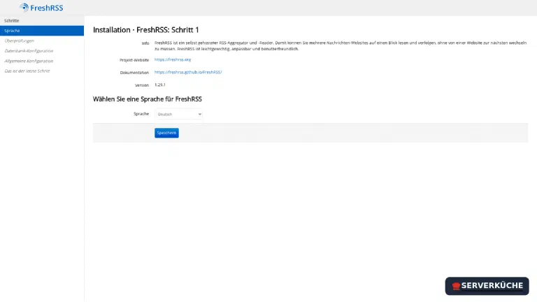 The install wizard guides you through language, system check, database and admin account The FreshRSS install wizard, step 1: language selection with version 1.29.1