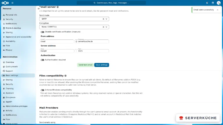 The email server is configured with SMTP, a test send is confirmed at the top right with &ldquo;Email sent&rdquo;