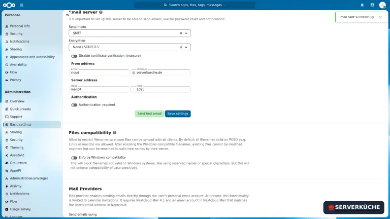 Successful test send – the values in the image come from an internal test mail server and are NOT to be adopted for real mailboxes; there belong the host, port 587/465 with STARTTLS/SSL and your provider's credentials The email server is configured with SMTP, a test send is confirmed at the top right with “Email sent”