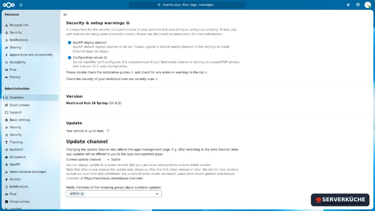 Result: no more warnings, version current – only the two optional notices remain The Nextcloud admin overview shows no more yellow warnings, only two optional notices, and reports the current version