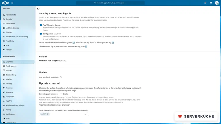 The Nextcloud admin overview shows no more yellow warnings, only two optional notices, and reports the current version