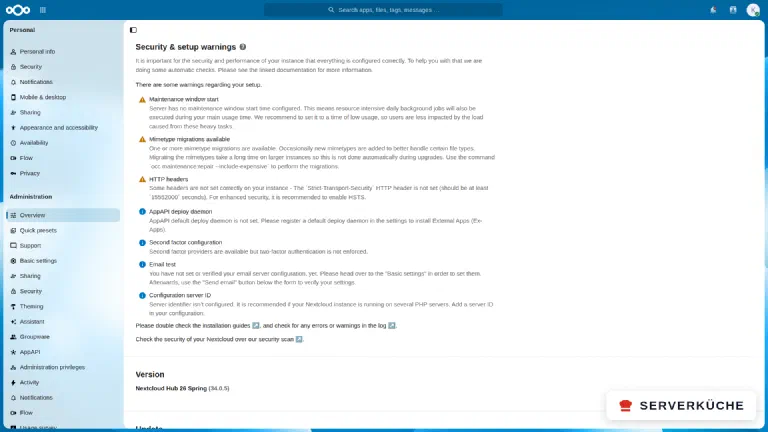 The Nextcloud admin overview lists several yellow warnings about the maintenance window, MIME-type migrations and HTTP headers