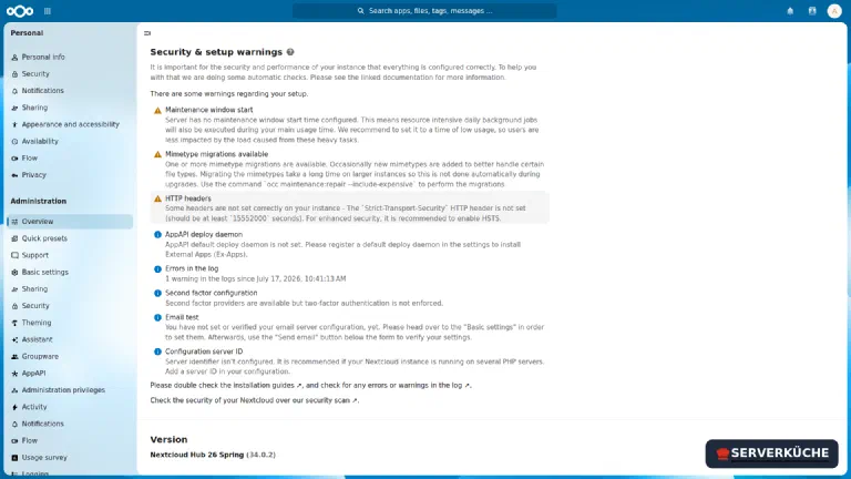Starting point: three warnings and several notices in the admin overview The Nextcloud admin overview lists several yellow warnings about the maintenance window, MIME-type migrations and HTTP headers