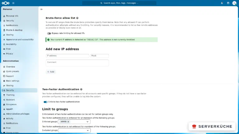 The security settings show enforced two-factor authentication for the &ldquo;admin&rdquo; group as well as the brute-force status with a correctly recognized client IP