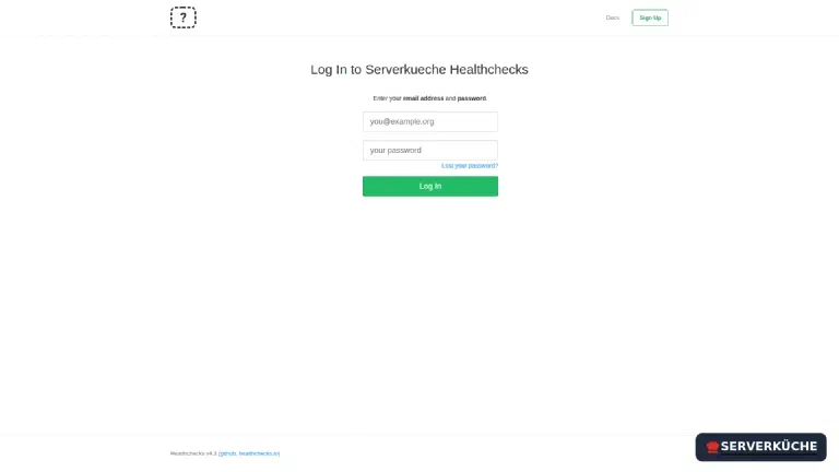 The self-hosted Healthchecks login – the account comes from the createsuperuser call The Healthchecks login page under your own HTTPS domain