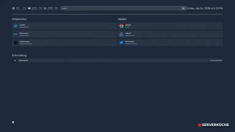 Live status: the Traefik tile reports RUNNING straight from the Docker socket The dashboard with a Traefik tile that shows the status RUNNING live from Docker
