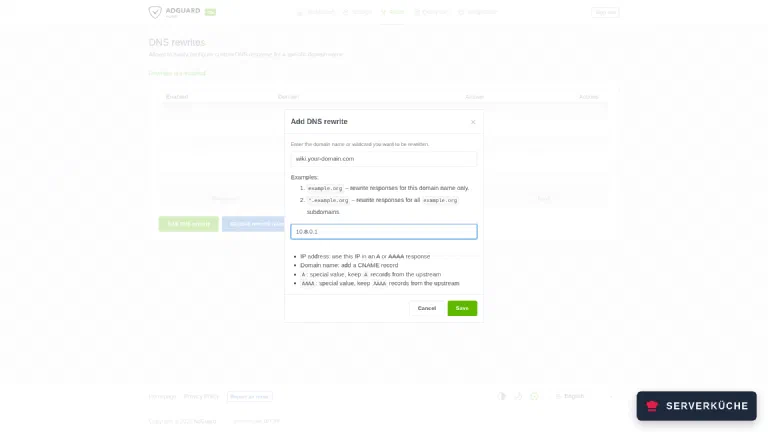 Enter domain and target IP – here the server's WireGuard address The “Add DNS rewrite” dialog in AdGuard Home with a domain name in the upper field and the VPN address 10.8.0.1 in the lower field.