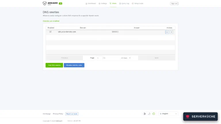 The active rewrite – from now on the name points inward inside the VPN The list of DNS rewrites in AdGuard Home with one enabled entry mapping a domain to 10.8.0.1.