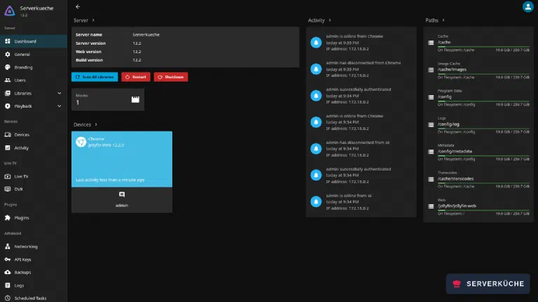 The Jellyfin administration dashboard with server version 12.2, active devices and the storage paths, on the left the menu with network and playback settings