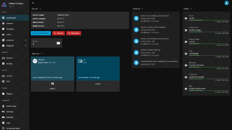 The Jellyfin administration dashboard with server version 10.11.11, active devices and the storage paths, on the left the menu with network and playback settings