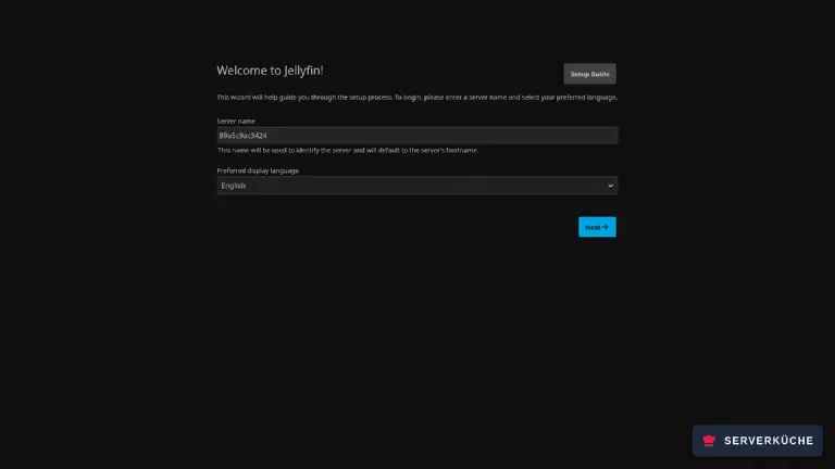 The Jellyfin setup wizard on first launch with fields for server name and preferred display language
