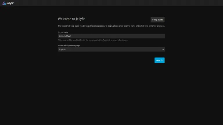The Jellyfin setup wizard on first launch with fields for server name and preferred display language
