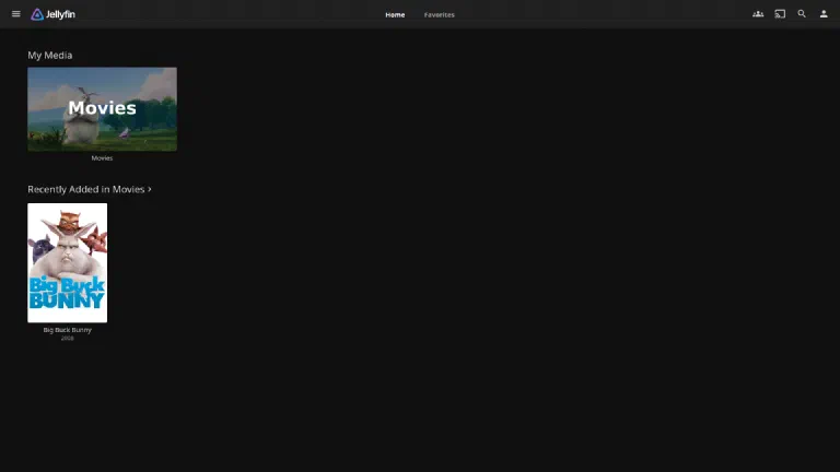 The Jellyfin home page after setup with the &ldquo;Movies&rdquo; library and a recently added movie