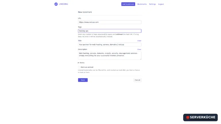 \"Add bookmark\": linkding fetches title and description from the page itself; you add tags The form for creating a bookmark with automatically filled title and description