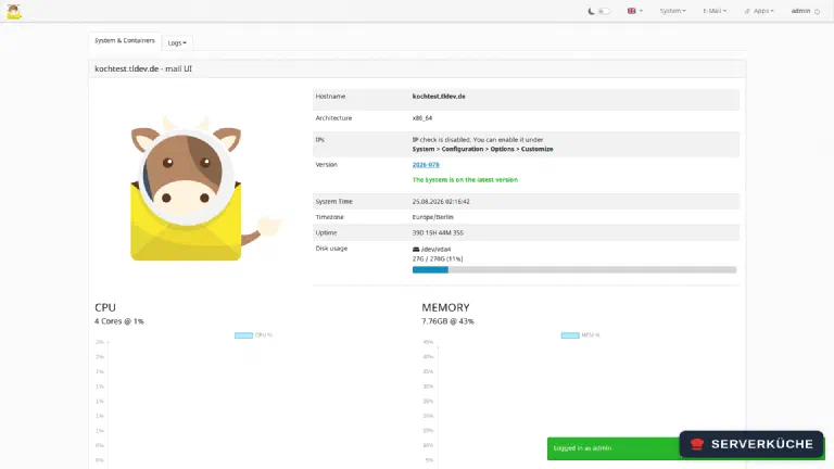 The mailcow dashboard after the first login with a system overview.