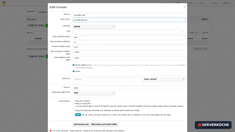 The dialog for adding a mail domain in mailcow.