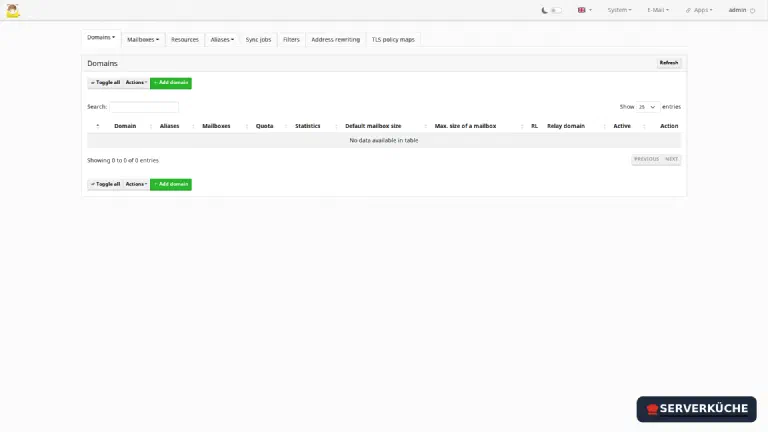 The mail setup interface of mailcow with tabs for domains and mailboxes.