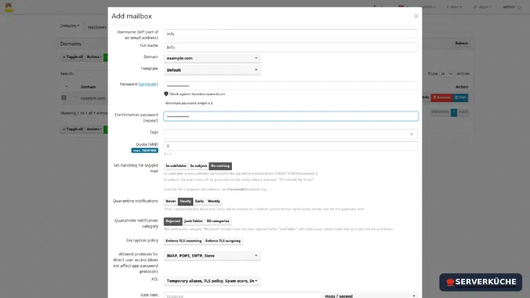 The dialog for creating a new mailbox in mailcow.