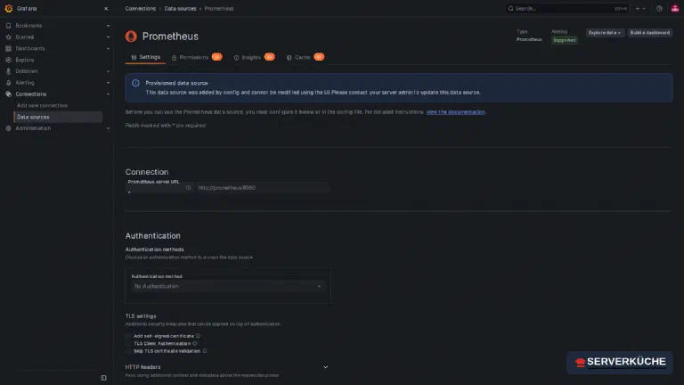 The provisioned Prometheus data source in Grafana with the internal URL http://prometheus:9090