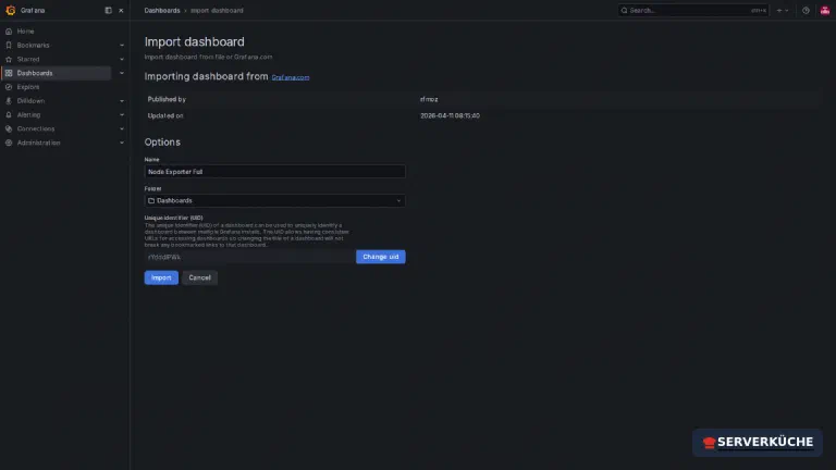 Import a dashboard by ID – here \"Node Exporter Full\" (ID 1860) The Grafana import dialog loads the “Node Exporter Full” dashboard from Grafana.com