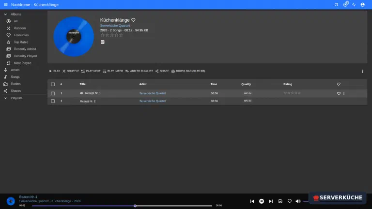 Album view with track list – the built-in player at the bottom is playing the first track An opened album with track list and the running player at the bottom