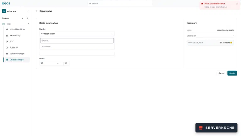 New buckets: the only district is greyed out, without explanation The dialog for a new bucket with the greyed-out district at-preview1 and the price conversion error