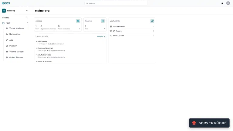 The dashboard: organisation top left, the realm with all resources below The eos dashboard of an organisation with tiles for access, realms, useful links and recent activity