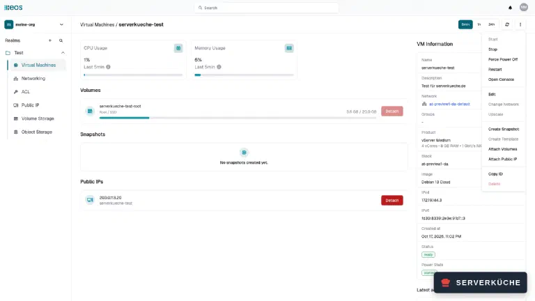 The VM detail page: volumes, public IP and every action in the three-dot menu The detail page of a VM with root volume, attached public IP and the open action menu