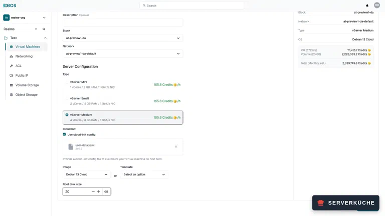 The VM wizard – all three sizes at the same placeholder price The eos VM wizard with the three sizes, an uploaded cloud-init file, the Debian 13 Cloud image and a 20 GB root disk